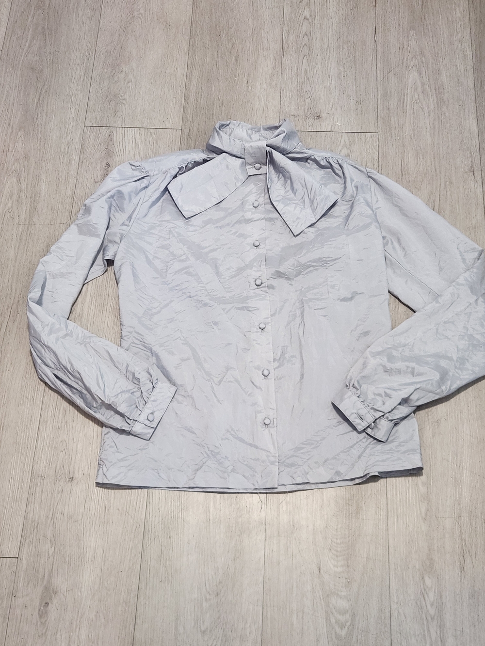 Vtg 70s 80s Silver  Bow Secretary Blouse USA S